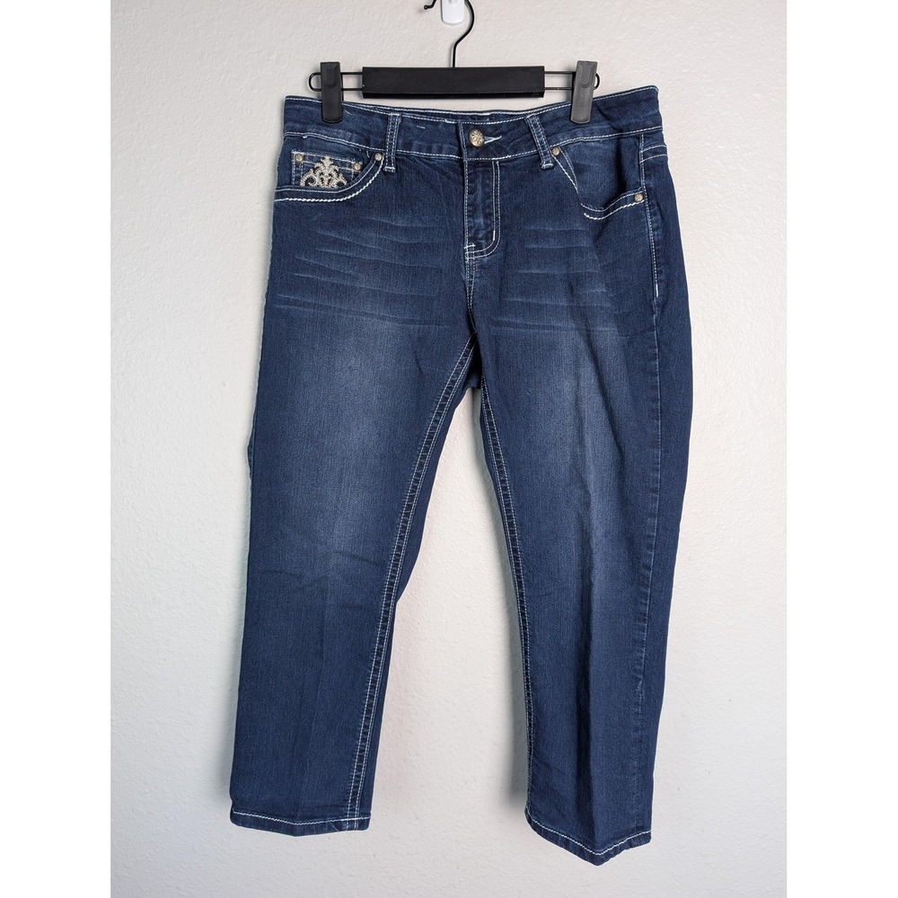 Love Indigo Jeans Womens‎ 8 Blue Cropped Relaxed Embroidered Rhinestone Denim